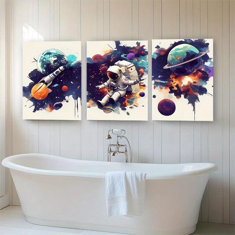 3pcs Vibrant Space Exploration Colorful Astronauts, Rockets Metal Print Ready to Hang Art