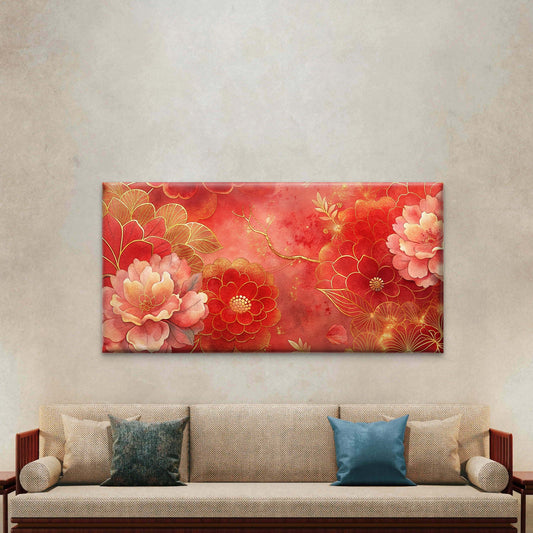 Red Golden Floral Design Wall Art Canvas Office Home Room Framed 80x45cm