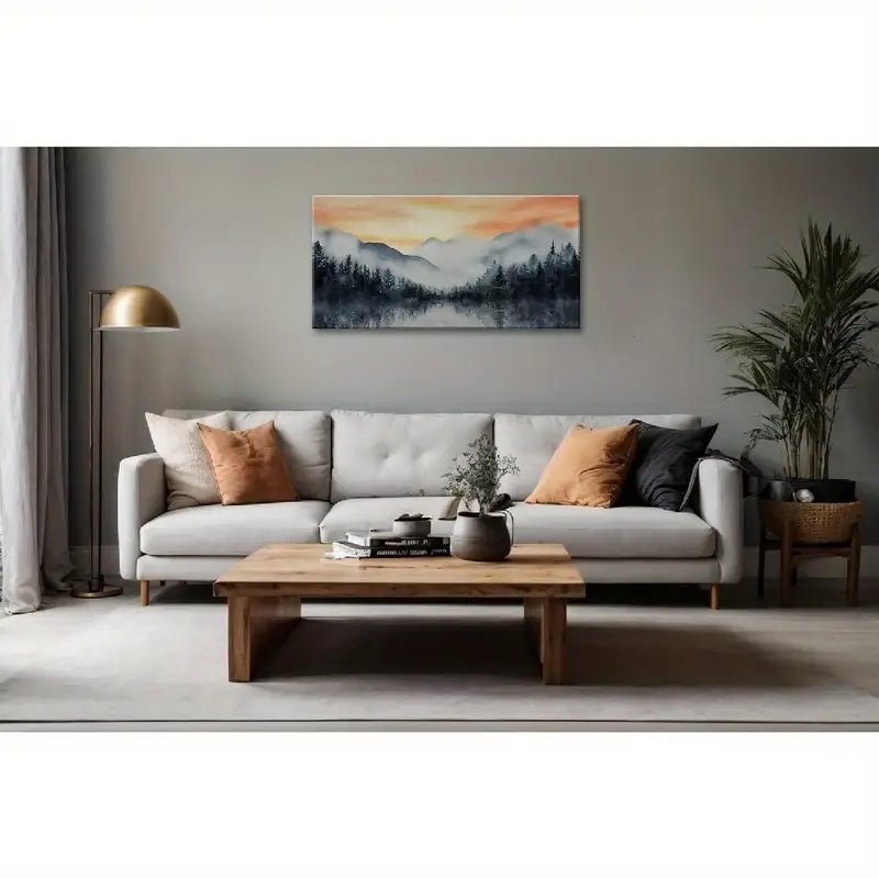 Forest Sunset Mountain Foggy Trees Wall Art canvas office home room framed 80x45cm