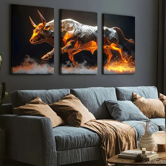 3pcs Modern Style Fashion Abstract Geometry Cattle Animal Art Wall Art Set Canvas Framed 40x60cm - High Quality Print 100% Australian Made Wall Canvas Ready to Hang