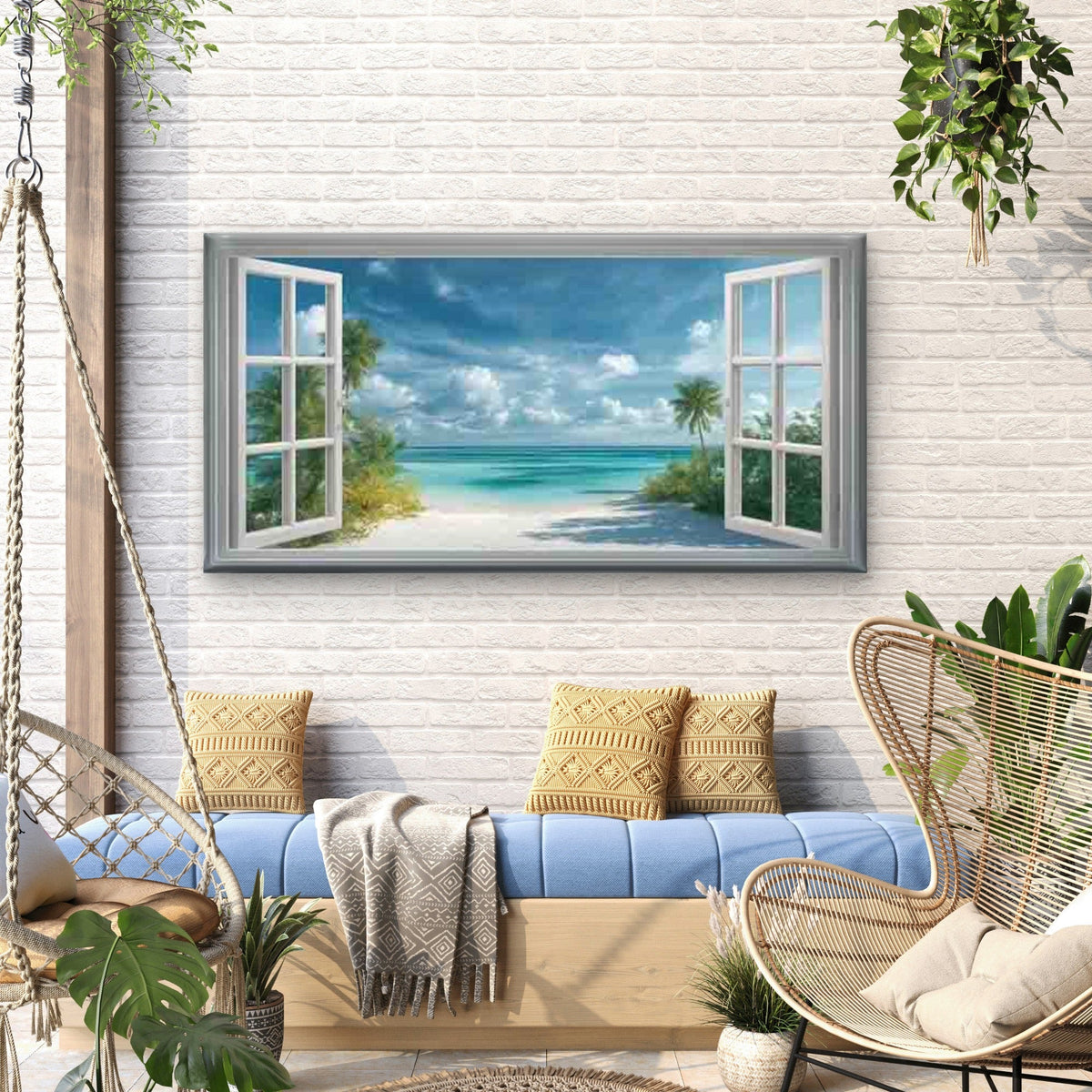 Beach View Through Open Window Wall Art Canvas Office Home Room Framed 80x45cm