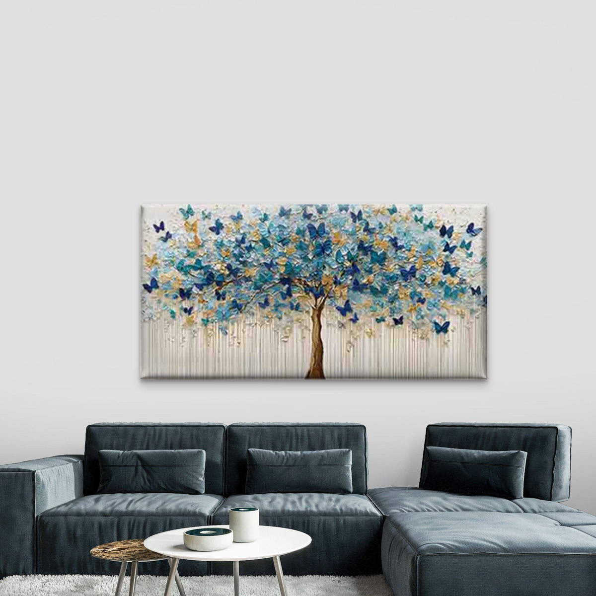 Golden Tree with Blue & Golden Wall Art Canvas Office Home Room Framed 80x45cm
