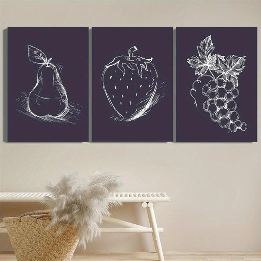 3pcs Simple Fruit Sketch Art, Pear Strawberry And Grape Metal Print Ready to Hang Art