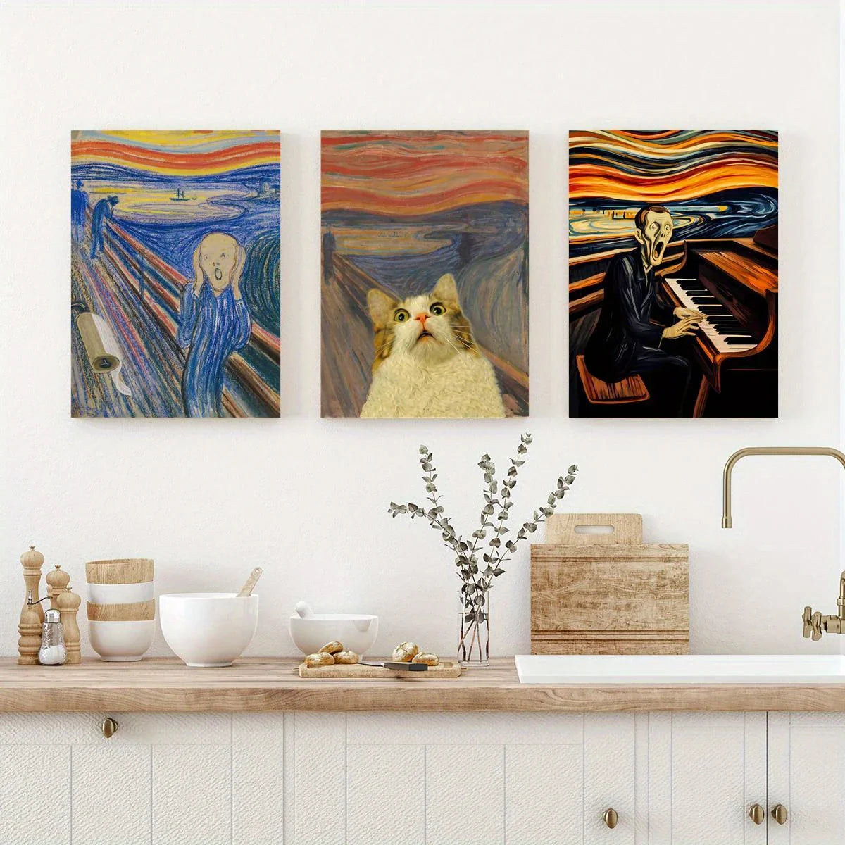 3pcs Man Screaming Holding His Head, Frightened Cat Metal Print Ready to Hang Art