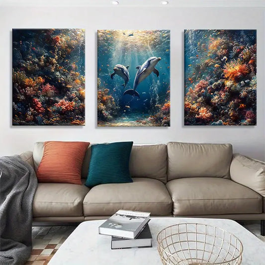 3pcs Stunning Underwater Coral Reef with Dolphins Metal Print Ready to Hang Art