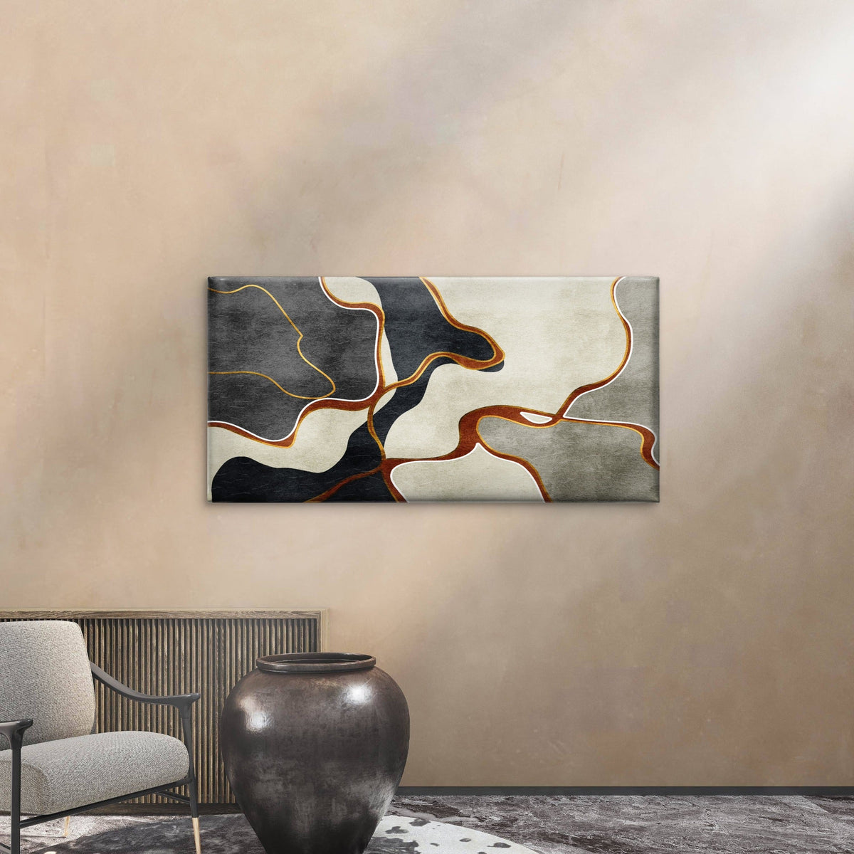 Modern Black Grey Beige Fluid Wall Art Canvas Office Home Room Framed 120x60cm