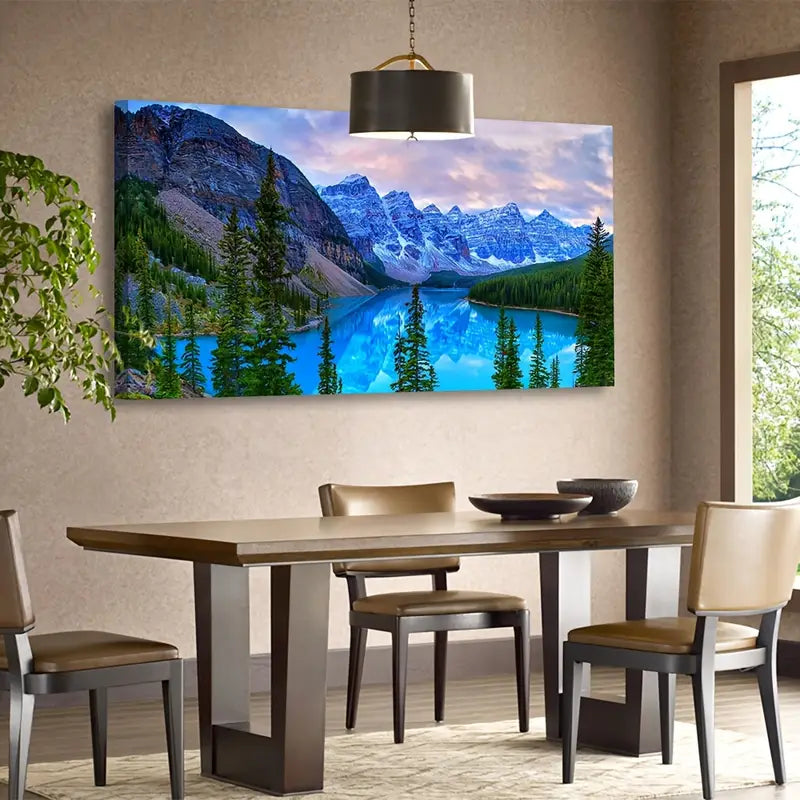 Mountain Lake Serene Blue & Pink Sky Nature Scene Wall Art canvas office home room framed 120x60cm