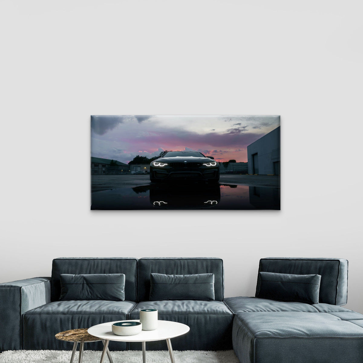 BMW M4 Coupe At Dusk With Its Headlights Illuminated Wall Art Canvas Office Home Room Framed 80x45cm