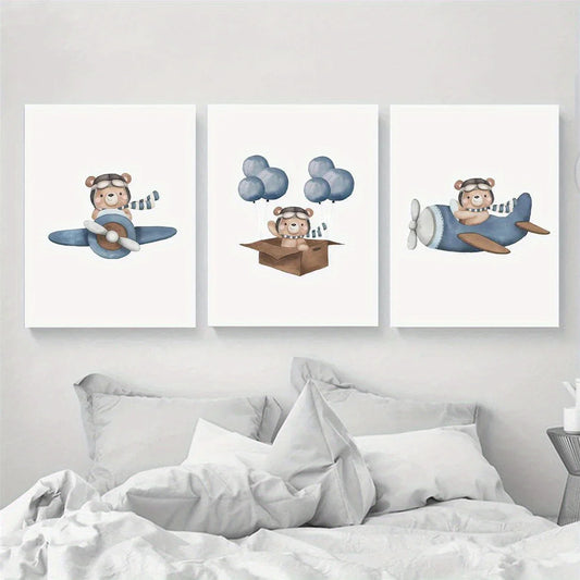 3pcs Watercolor Airplane Cute Bear Classic Design Metal Print Ready to Hang Art