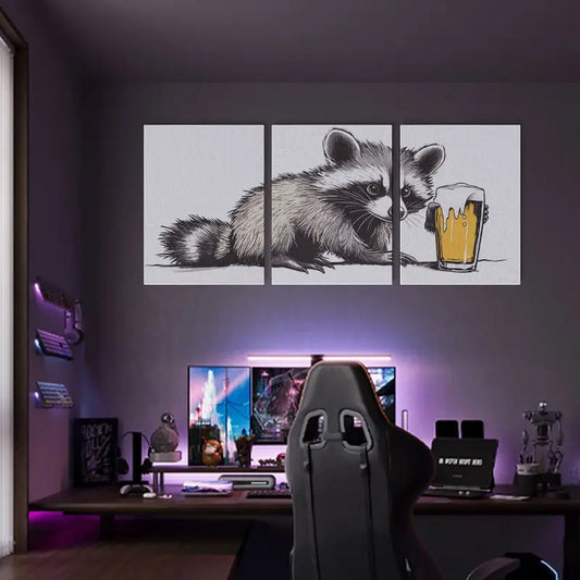 3pcs Cute Raccoon Drinking Beer Design Metal Print Ready to Hang Art