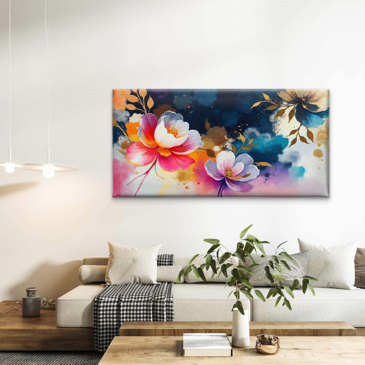 Vibrant Watercolor Gold Floral Wall Art Canvas Office Home Room Framed 120x60cm
