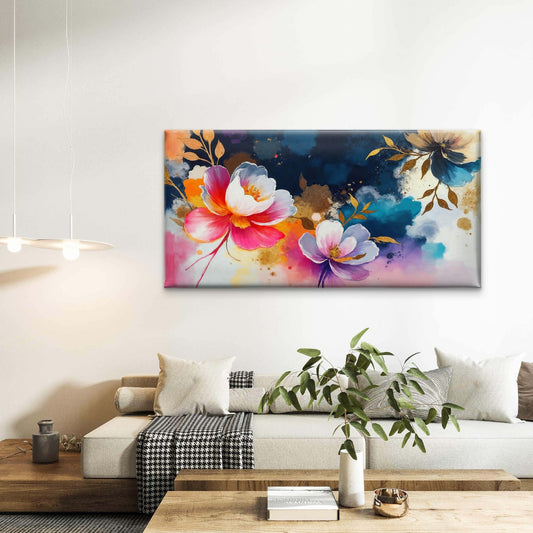 Vibrant Watercolor Gold Floral Wall Art Canvas Office Home Room Framed 80x45cm