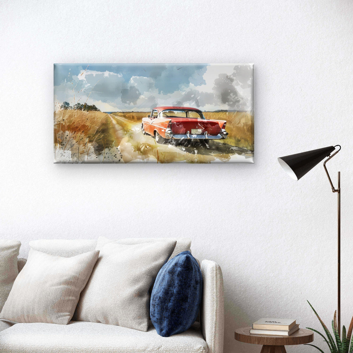 Vintage Red Classic Car Wall Art Canvas Office Home Room Framed 120x60cm