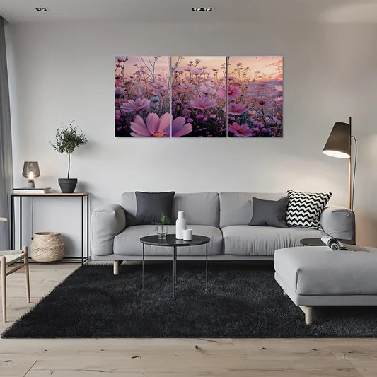 3pcs Purple Flower Field Sunset Blossom Metal Print Ready to Hang Art