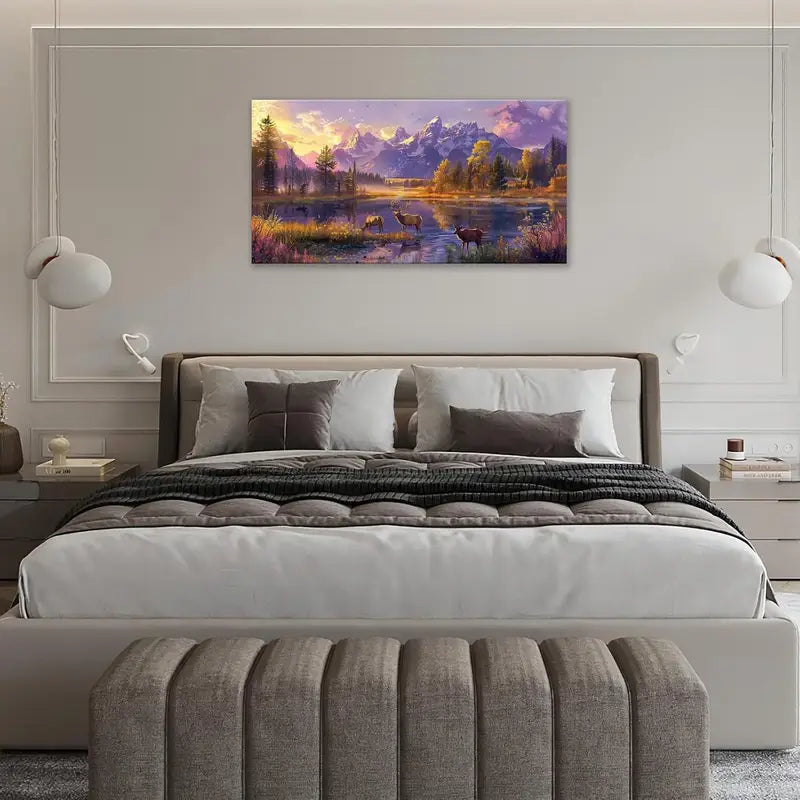 Mountain Rustic Deer Wildlife Vibrant Sunset Wall Art canvas office home room framed 120x60cm
