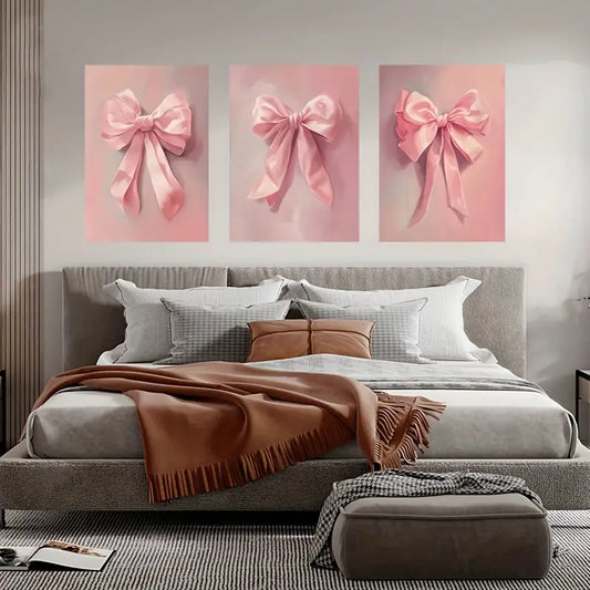 3pcs Pink Bow Designs Elegant Romantic Metal Print Ready to Hang Art