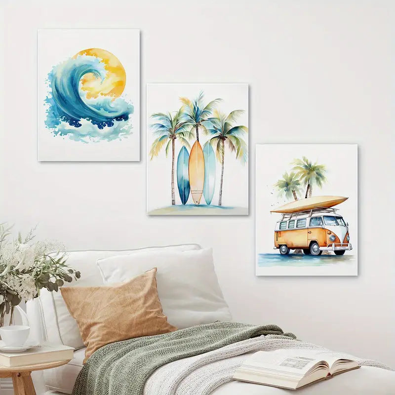 3pcs Beach Ocean & Surfboard Watercolor Metal Print Ready to Hang Art