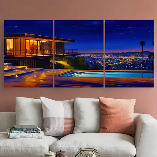 3pcs Palm Trees Pool Vintage Hills City Metal Print Ready to Hang Art