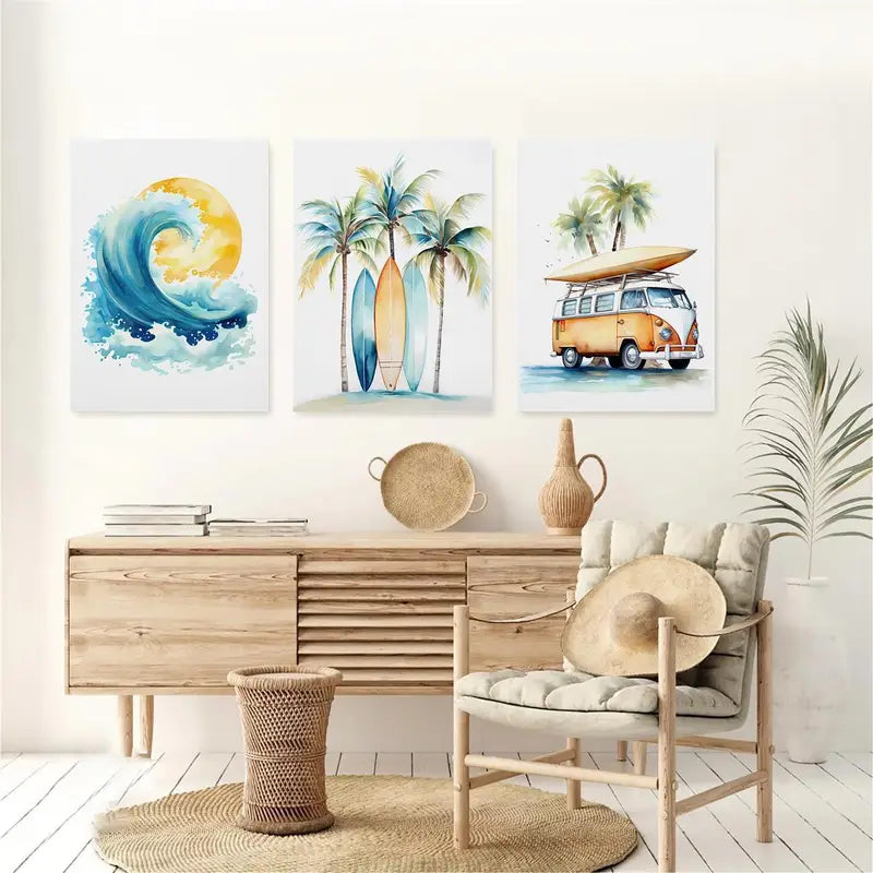 3pcs Beach Ocean & Surfboard Watercolor Metal Print Ready to Hang Art