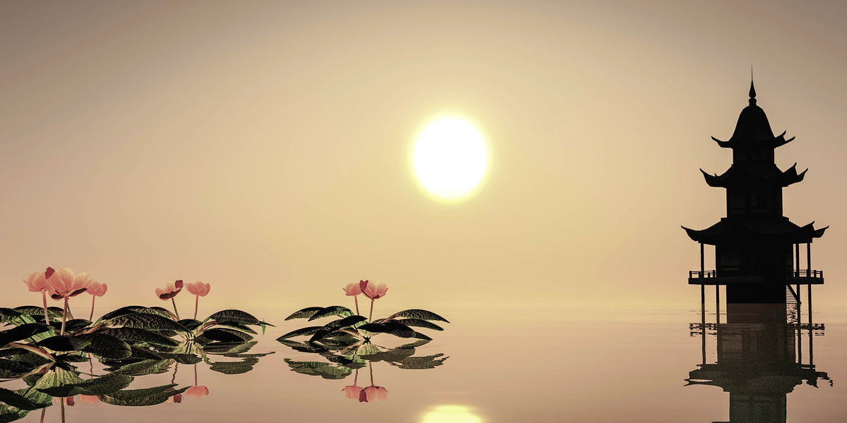 Zen Pagoda Sunset Lotus Water Wall Art Canvas Office Home Room Framed 120x60cm