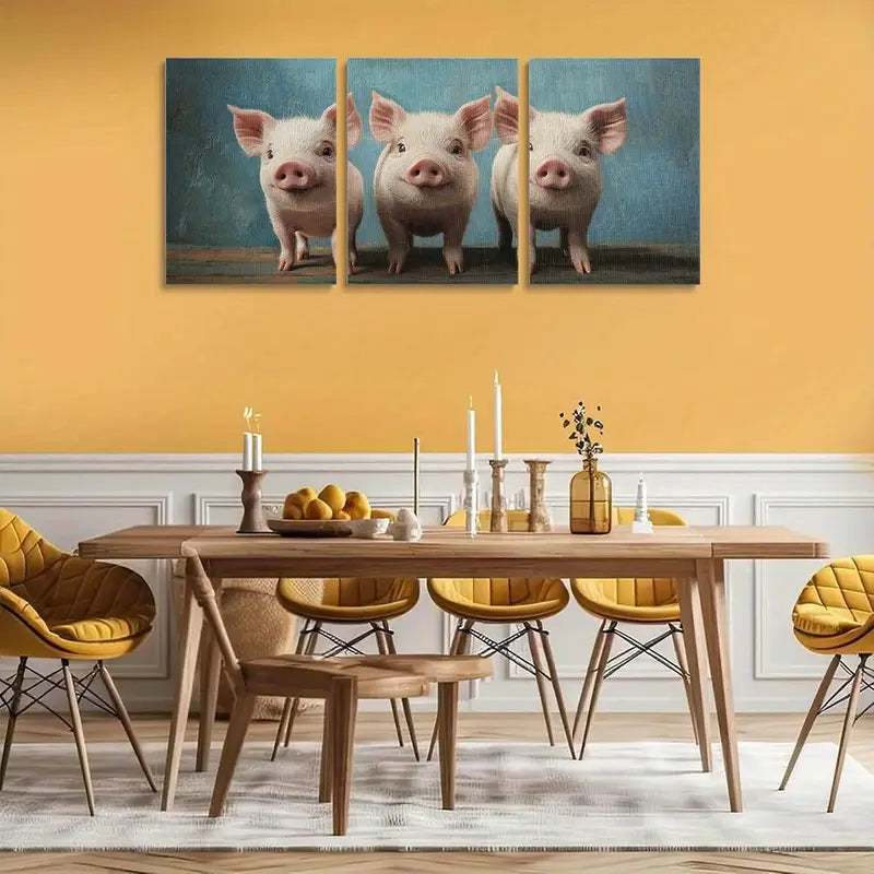 3pcs Whimsical Pink Pigs on a Blue Textured Backdrop Metal Print Ready to Hang Art