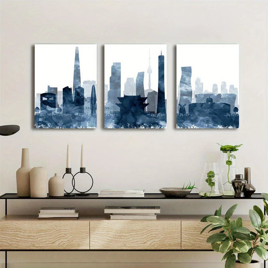 3pcs Seoul Skyline Blue Watercolor South Korea Cityscape Metal Print Ready to Hang Art