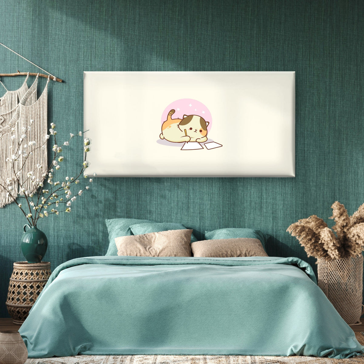 Writing Calico Cat Pastel Cream Wall Art Canvas Office Home Room Framed 80x45cm
