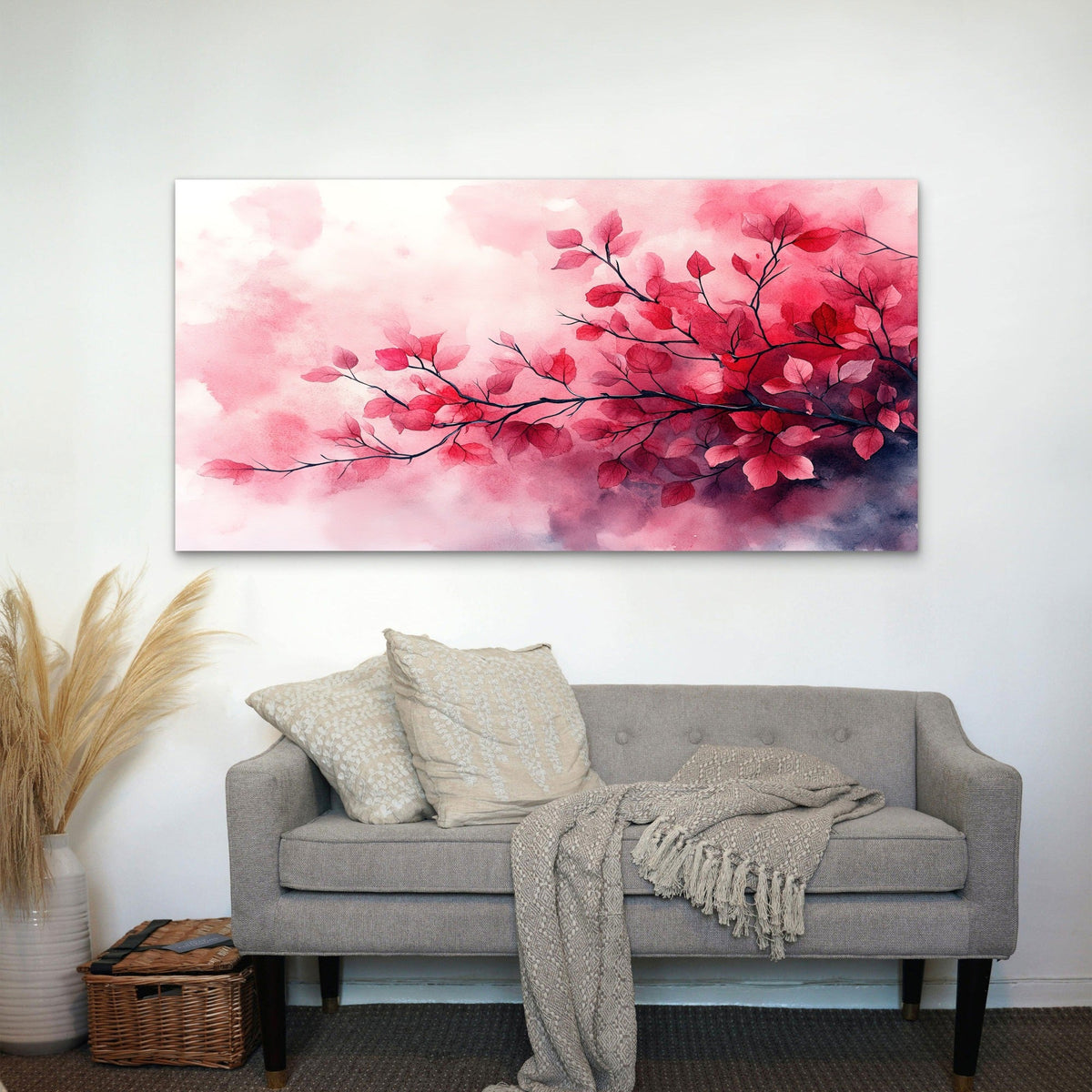 Vibrant Red Leafy Branches Wall Art Canvas Office Home Room Framed 80x45cm