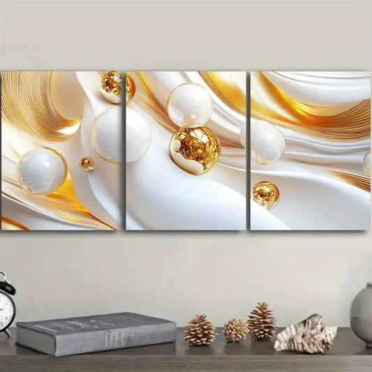 3pcs Featuring White And Golden Spheres Metal Print Ready to Hang Art