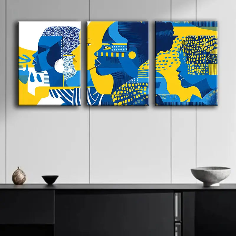3pcs Simple Drawing of People in Blue Metal Print Ready to Hang Art