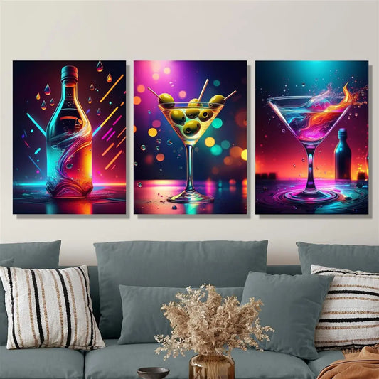 3pcs Roostertail, daily soup bar, neon wine glass Metal Print Ready to Hang Art