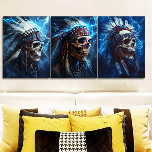 3pcs Native American Chief Skull Design Metal Print Ready to Hang Art