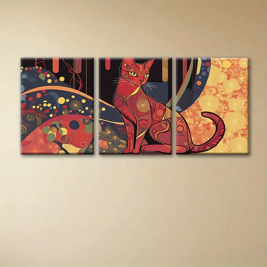 3pcs Dreamy Cute Abstract Style Cat Golen Painting Metal Print Ready to Hang Art