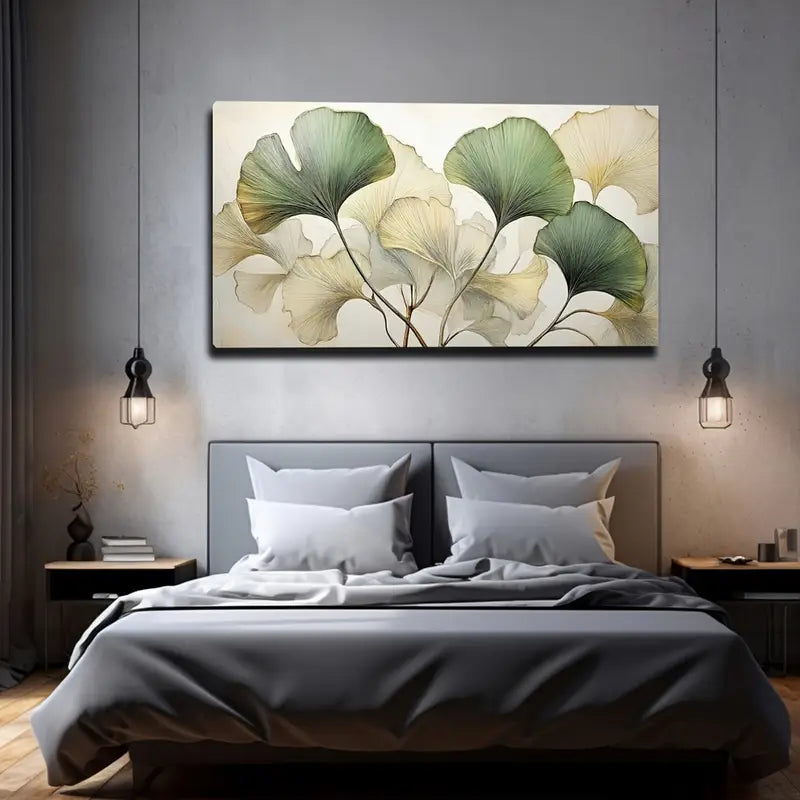 Embossed Ginkgo Leaves in Light Green Beige Wall Art Canvas Office Home Room Framed 80x45cm