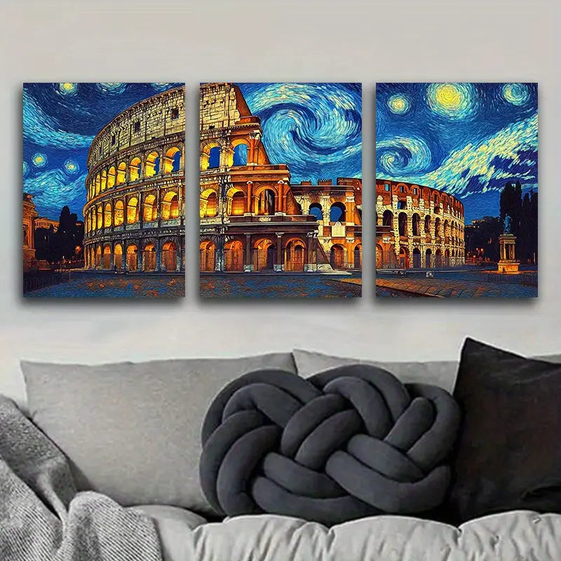 3pcs The Colosseum Night Sky Metal Print Ready to Hang Art
