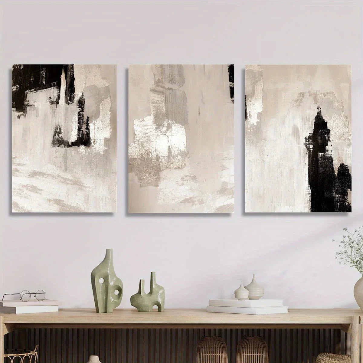 3pcs Modern Abstract Beige & Black Textured Paint Metal Print Ready to Hang Art