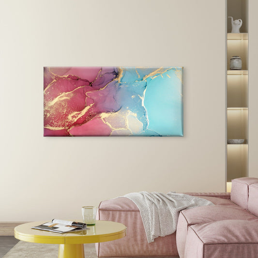 Pink Blue Ink Gold Abstract Wall Art Canvas Office Home Room Framed 80x45cm