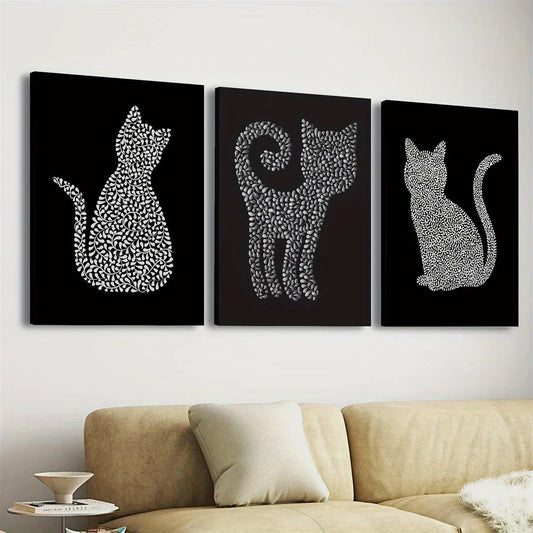 3pcs Featuring Artistic Cat, Showcasing a White Pattern Metal Print Ready to Hang Art