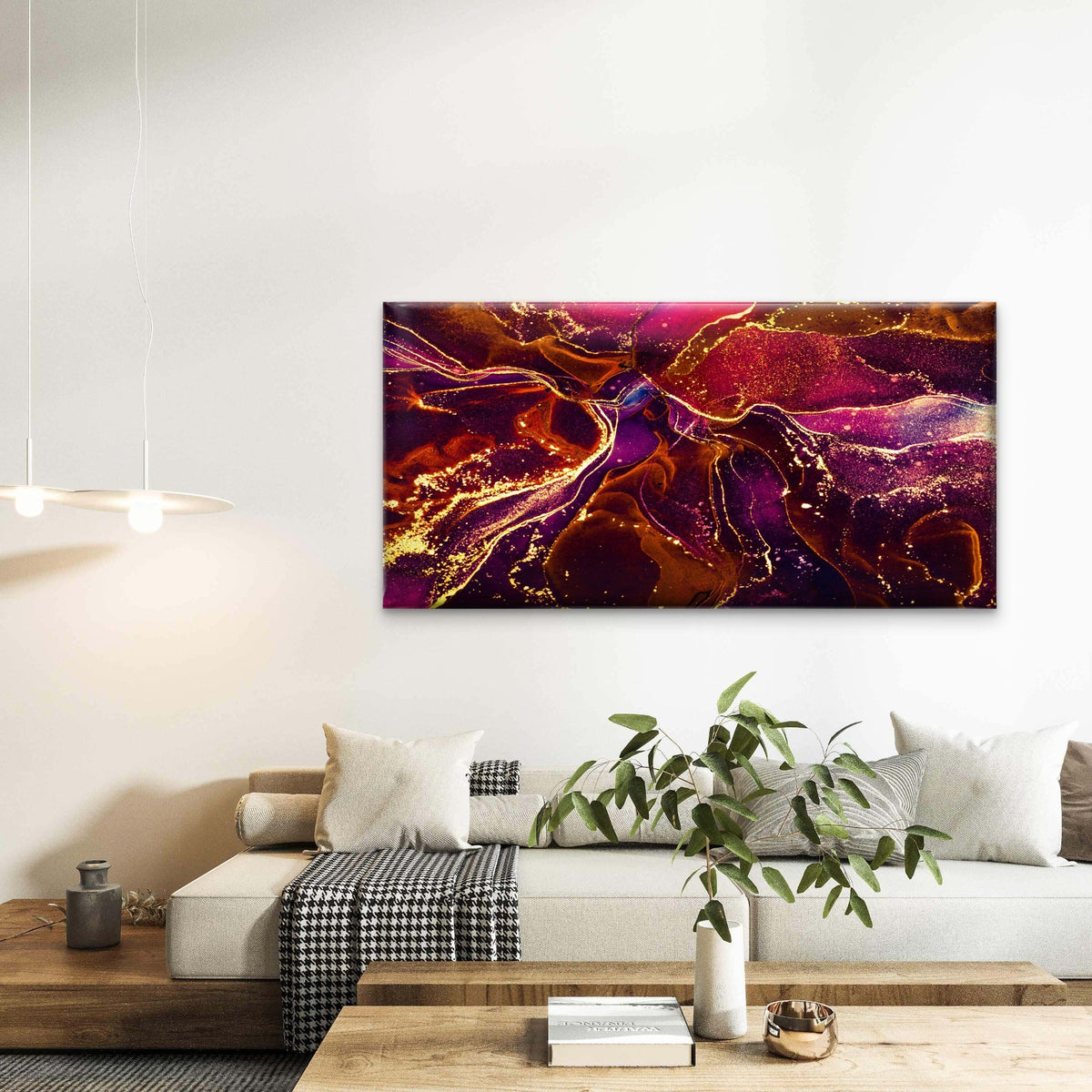 Crimson Rivers Of Gold Wall Art Canvas Office Home Room Framed 120x60cm