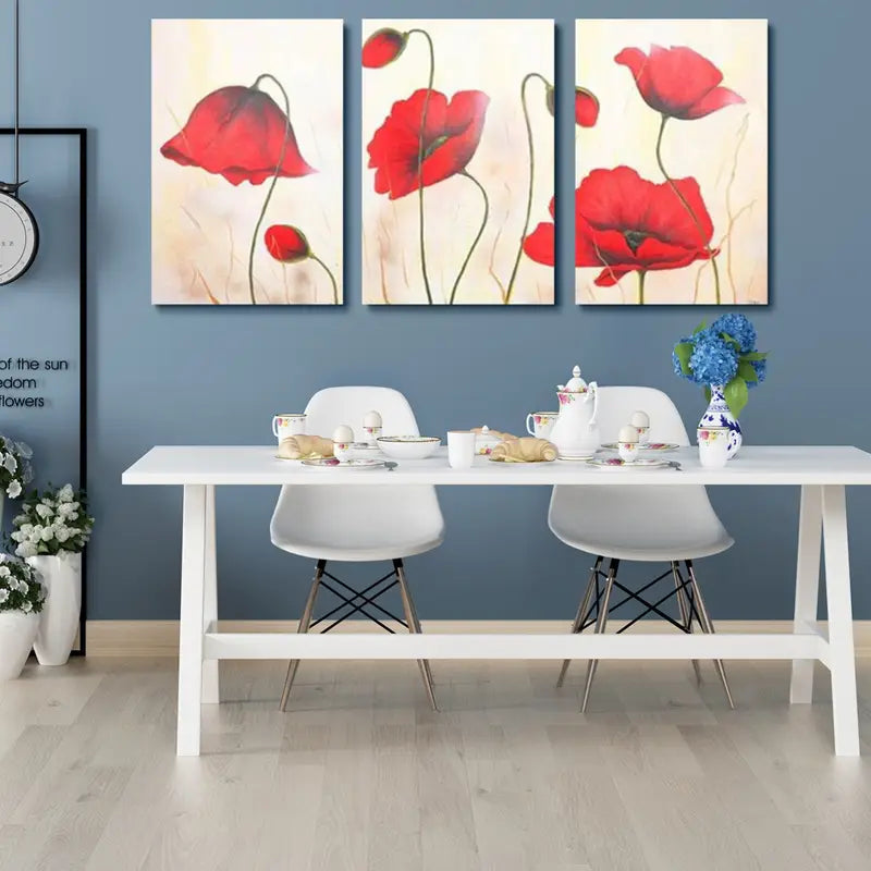 3pcs Red Poppy Modern Watercolor Elegant Painting Metal Print Ready to Hang Art