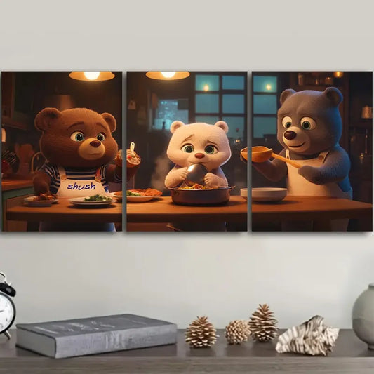 3pcs Bear Kitchen Scene Metal Print Ready to Hang Art