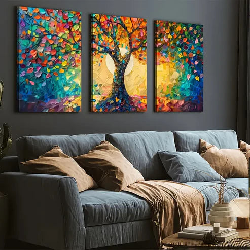 3pcs Ready to Hanging, Art Style Modern Fashion Abstract Tree Scenery Colorful Wall Art Set Canvas Framed 60x90cm - High Quality Print 100% Australian Made Wall Canvas Ready to Hang