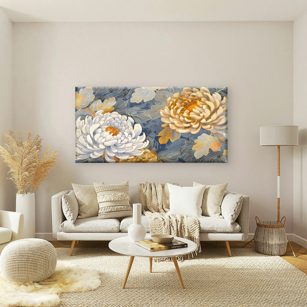 Glam Golden Leaf Floral Blossom Wall Art Canvas Office Home Room Framed 120x60cm
