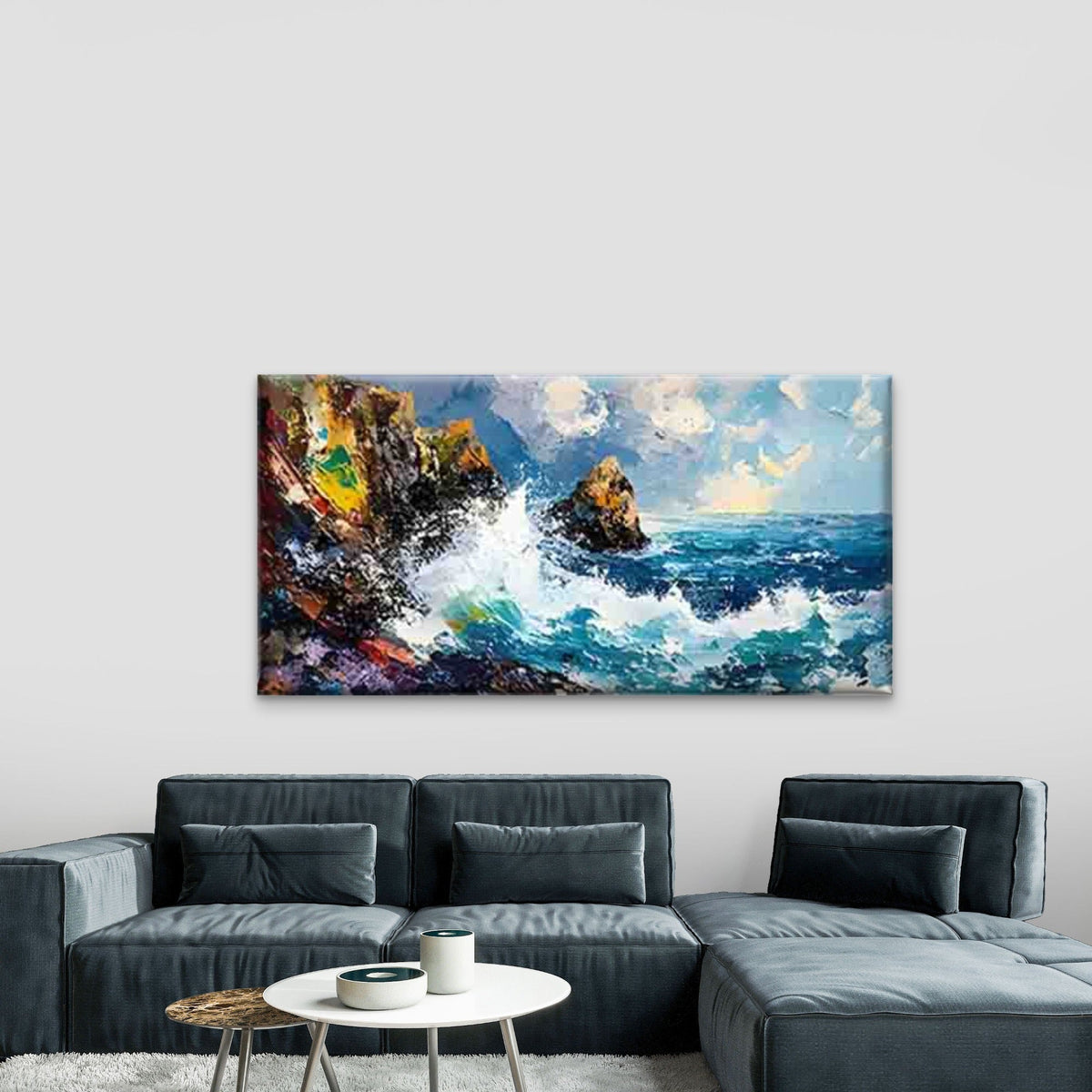 Ocean Waves Crashing Against Wall Art Canvas Office Home Room Framed 120x60cm
