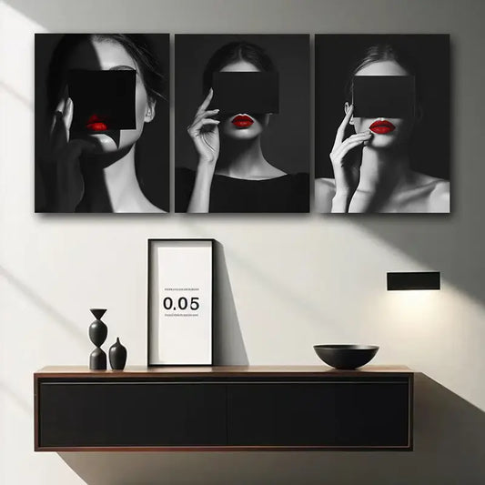 3pcs Modern Black and White Woman with Red Lipstick Design Metal Print Ready to Hang Art