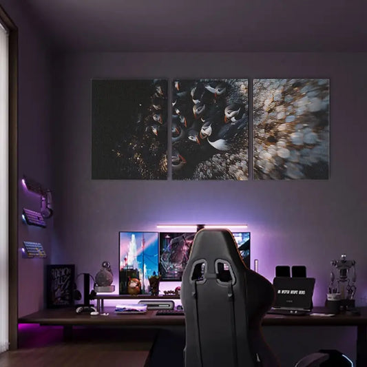 3pcs Puffins Huddled Together Classic Design Metal Print Ready to Hang Art