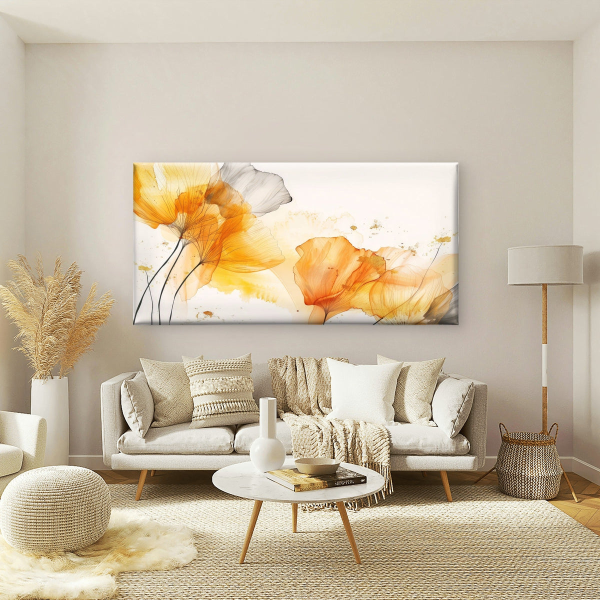Abstract Yellow Orange Floral Wall Art Canvas Office Home Room Framed 120x60cm