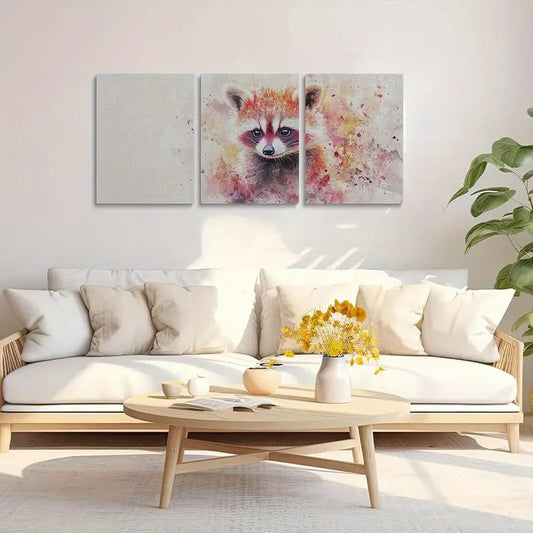 3pcs Youngsters Raccoon in Watercolor Playful Animal Metal Print Ready to Hang Art