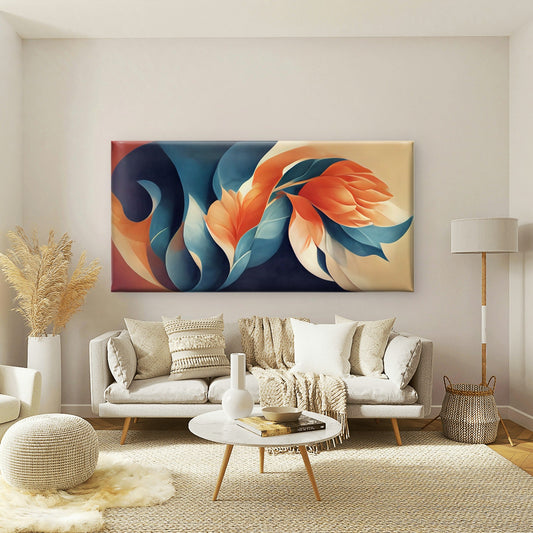 Blue Orange Floral Abstract Wall Art Canvas Office Home Room Framed 80x45cm