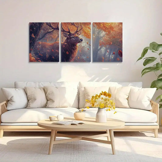 3pcs Vibrant Autumn Forest Scene with Deer Metal Print Ready to Hang Art